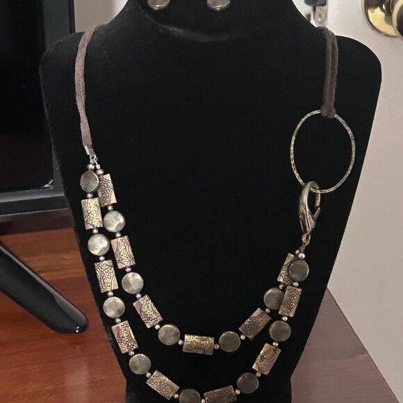 Silpada Leather cord necklace with bronze metal beads and matching earrings. - Picture 2 of 8